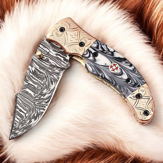 Damascus Knife Store Custom Handmade Pocket Knife – Epoxy Resin Handle - Angler's Pro Tackle & Outdoors