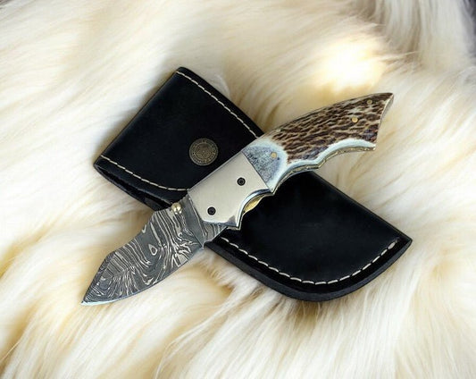 Damascus Knife Store Custom Handmade Pocket Knife – Stag Horn Handle - Angler's Pro Tackle & Outdoors
