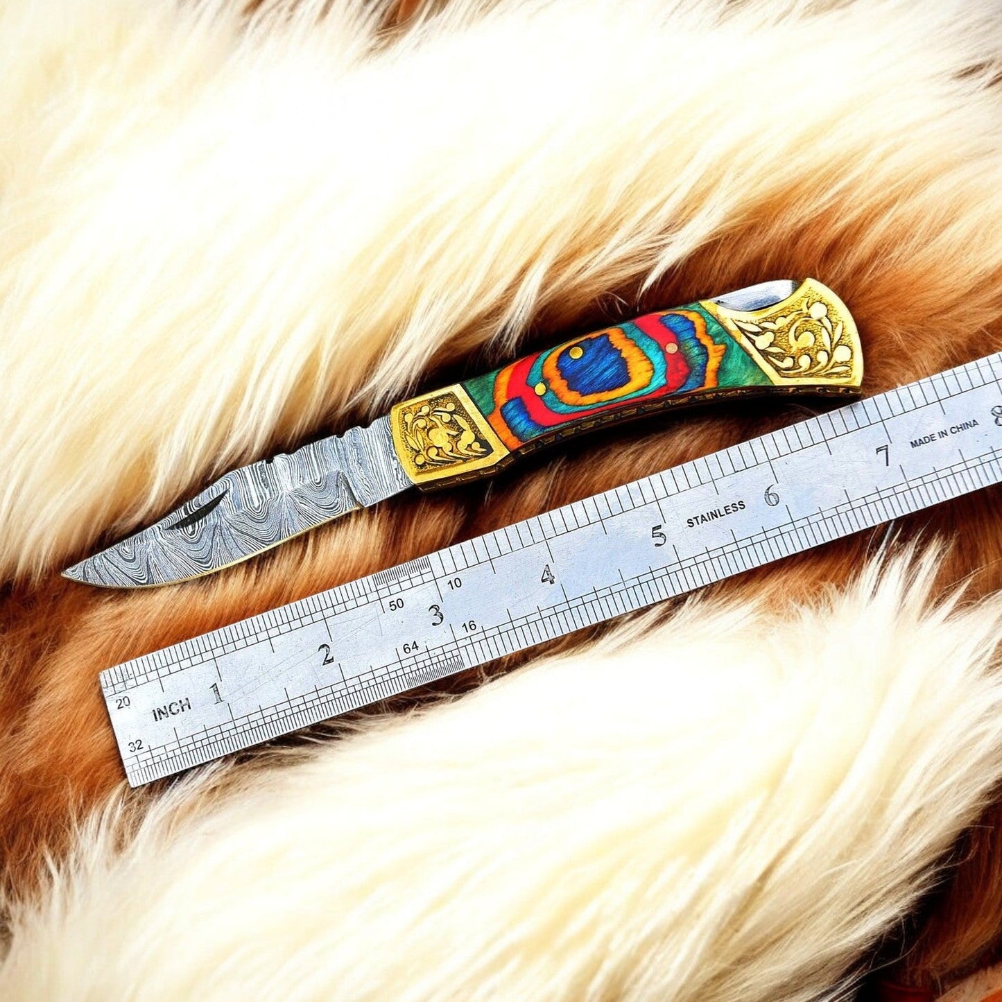 Damascus Knife Store Custom Handmade Pocket Knife with Multi - Color Wood Handle - Angler's Pro Tackle & Outdoors