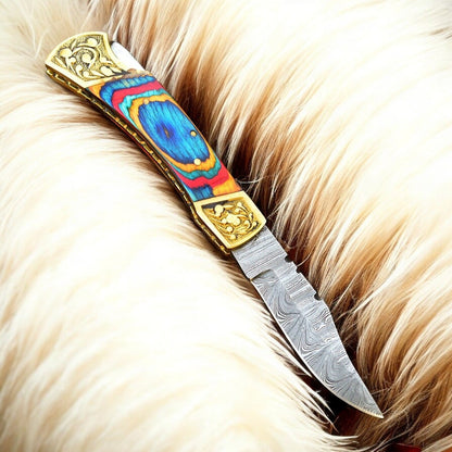 Damascus Knife Store Custom Handmade Pocket Knife with Multi - Color Wood Handle - Angler's Pro Tackle & Outdoors