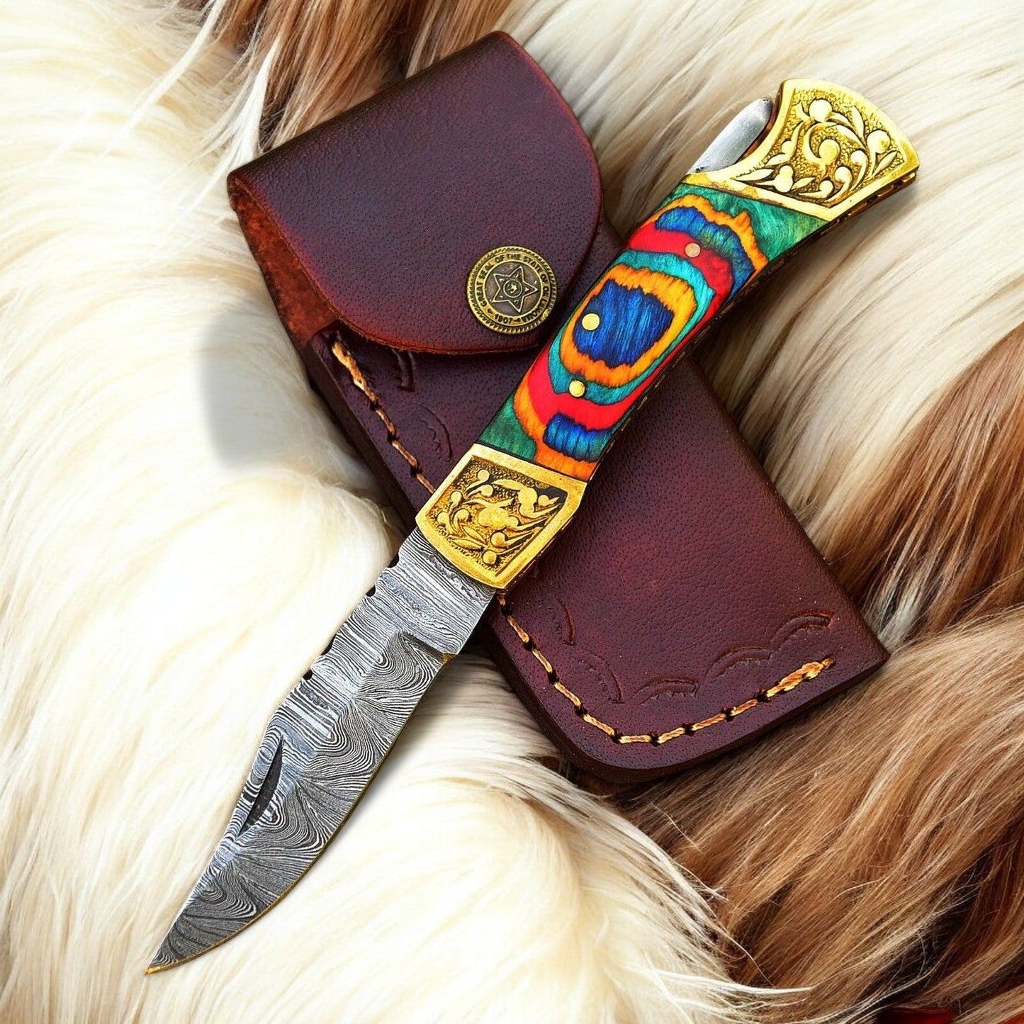 Damascus Knife Store Custom Handmade Pocket Knife with Multi - Color Wood Handle - Angler's Pro Tackle & Outdoors