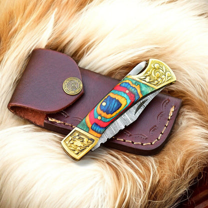 Damascus Knife Store Custom Handmade Pocket Knife with Multi - Color Wood Handle - Angler's Pro Tackle & Outdoors