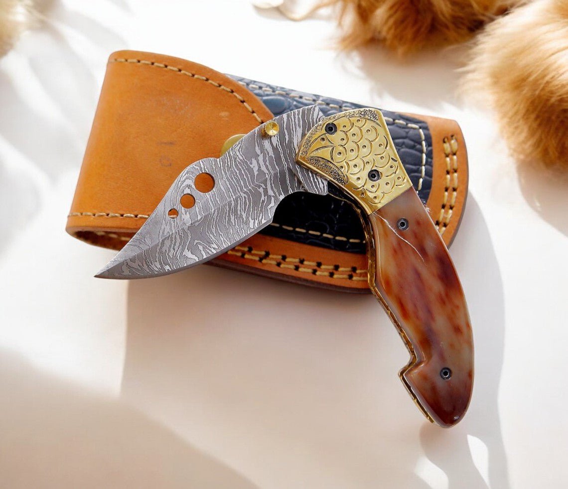 Damascus Knife Store Custom Handmade Steel Pocket Knife - 3" Blade - Angler's Pro Tackle & Outdoors