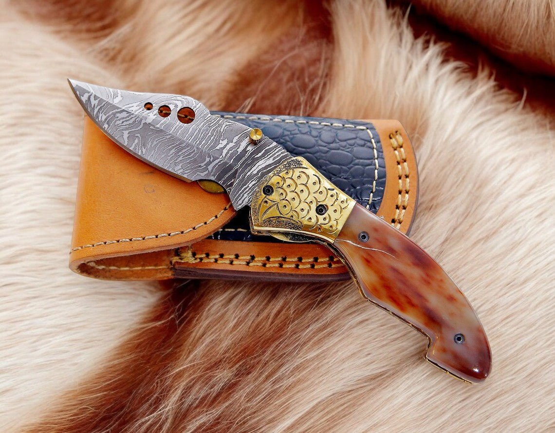 Damascus Knife Store Custom Handmade Steel Pocket Knife - 3" Blade - Angler's Pro Tackle & Outdoors
