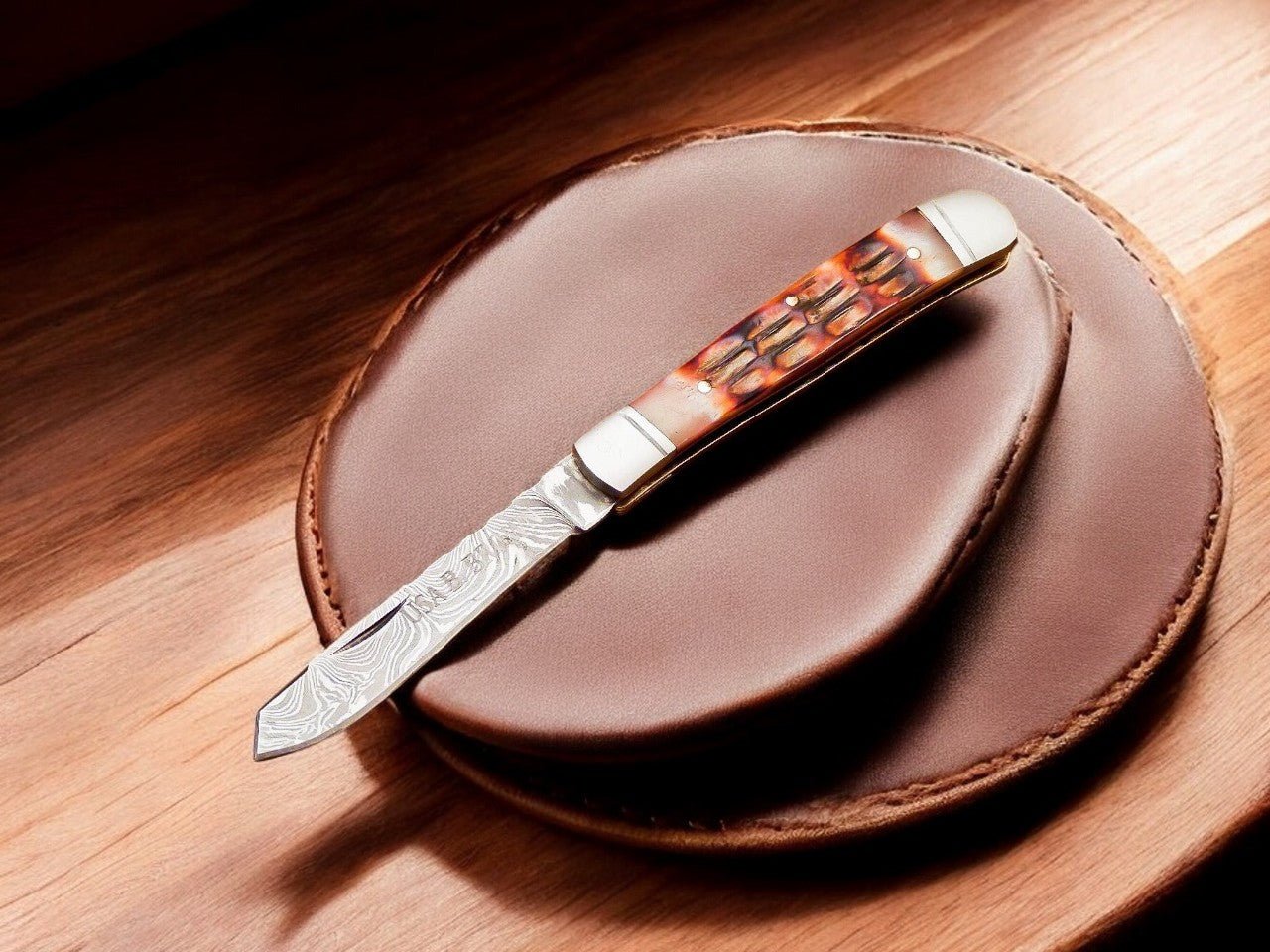 Damascus Knife Store Custom Handmade Steel Pocket Knife with Bone Handle - Angler's Pro Tackle & Outdoors