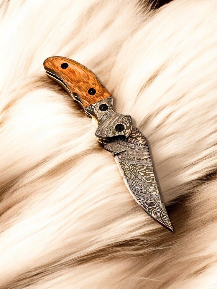 Damascus Knife Store Custom Handmade Steel Pocket Knife with Olive Wood Handle - Angler's Pro Tackle & Outdoors