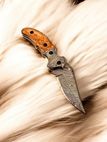 Damascus Knife Store Custom Handmade Steel Pocket Knife with Olive Wood Handle - Angler's Pro Tackle & Outdoors