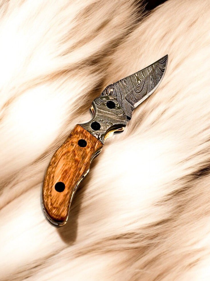 Damascus Knife Store Custom Handmade Steel Pocket Knife with Olive Wood Handle - Angler's Pro Tackle & Outdoors