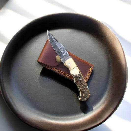 Damascus Knife Store Folding Hunter Knife | Antler Horn Handle with Leather Case - Angler's Pro Tackle & Outdoors