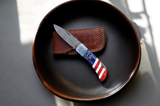 Damascus Knife Store Folding Knife with Exotic Pakka Wood - Angler's Pro Tackle & Outdoors