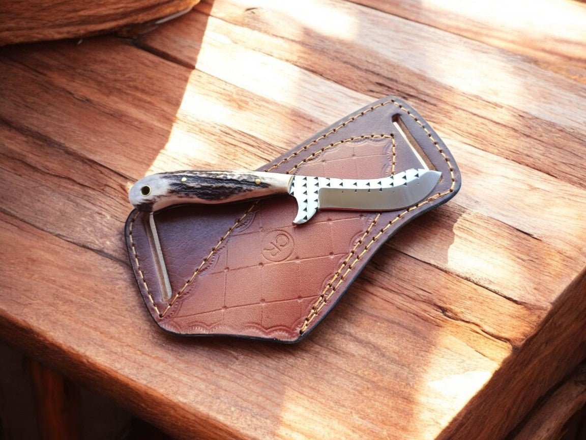 Damascus Knife Store Handmade Belt Knife with Antler Handle & Rasp Steel Blade - Angler's Pro Tackle & Outdoors