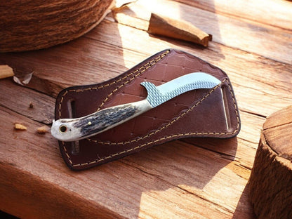 Damascus Knife Store Handmade Belt Knife with Antler Handle & Rasp Steel Blade - Angler's Pro Tackle & Outdoors