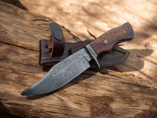 Damascus Knife Store Handmade Bowie Knife | Feather Pattern Damascus Steel - Angler's Pro Tackle & Outdoors