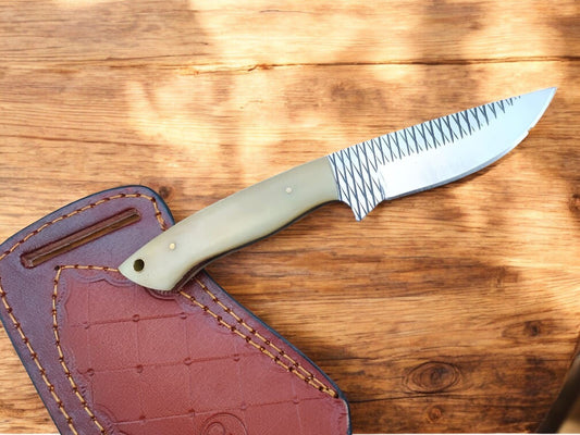 Damascus Knife Store Handmade Cowboy Knife with Bone Handle & Leather Sheath - Angler's Pro Tackle & Outdoors
