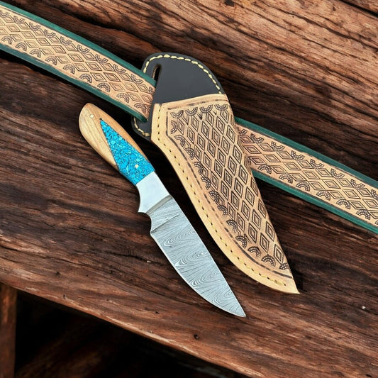 Damascus Knife Store Handmade Damascus Belt Knife – Turquoise Epoxy Resin Handle - Angler's Pro Tackle & Outdoors