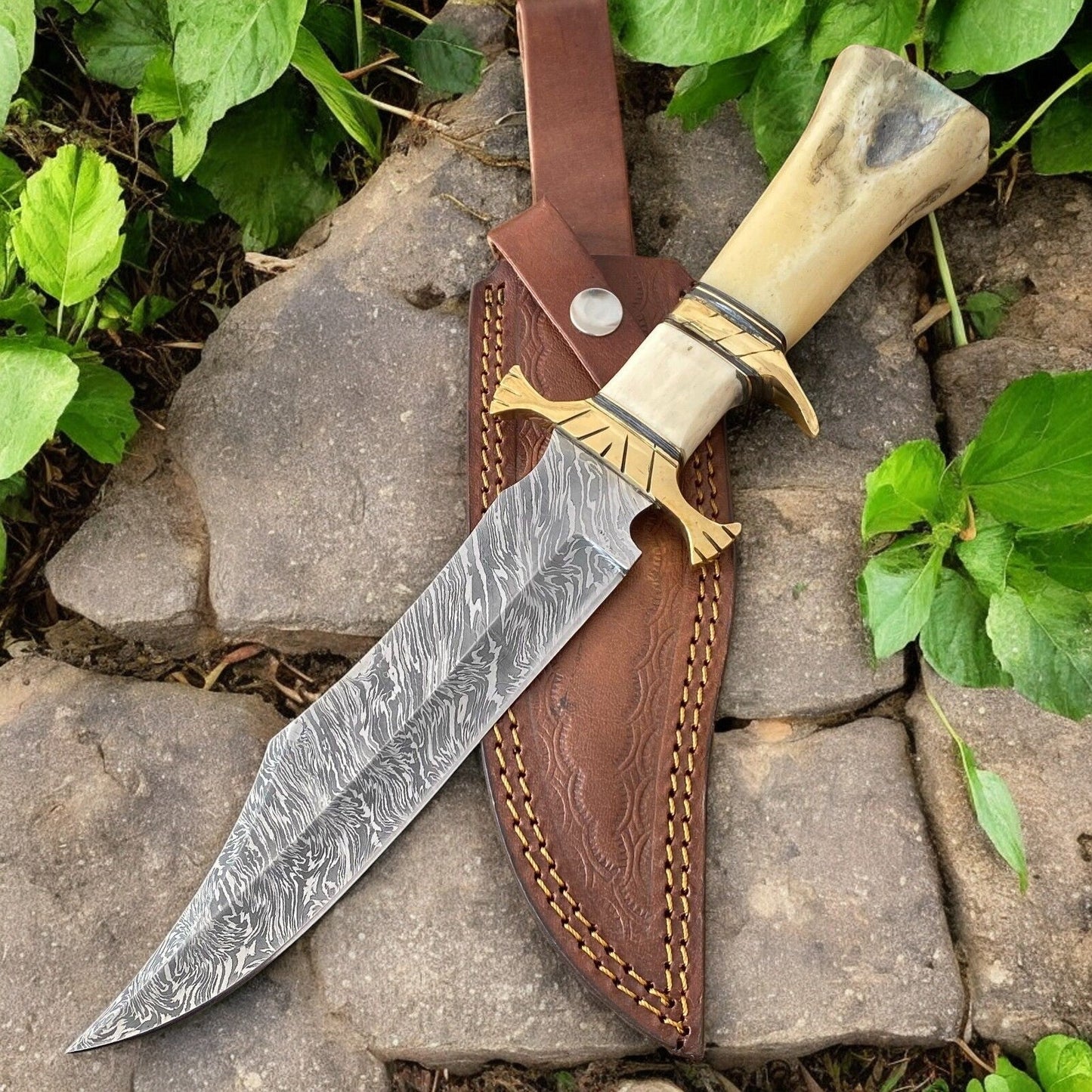 Damascus Knife Store Handmade Damascus Bowie Knife – 10" Bone Handle Blade - Angler's Pro Tackle & Outdoors