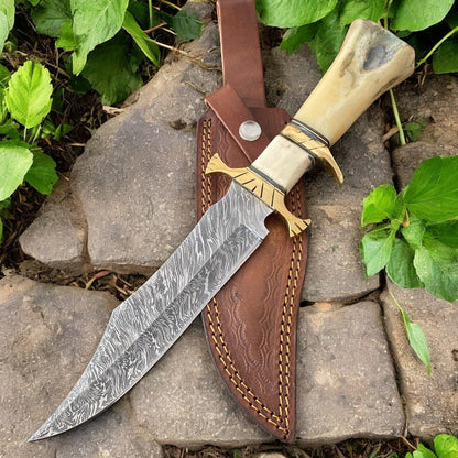 Damascus Knife Store Handmade Damascus Bowie Knife – 10" Bone Handle Blade - Angler's Pro Tackle & Outdoors