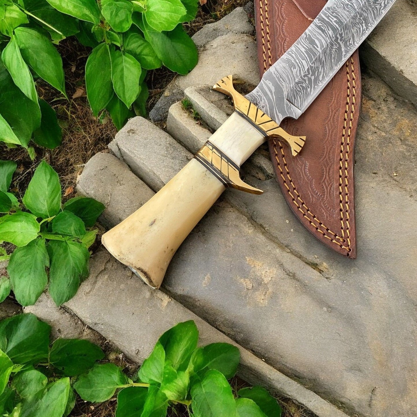 Damascus Knife Store Handmade Damascus Bowie Knife – 10" Bone Handle Blade - Angler's Pro Tackle & Outdoors
