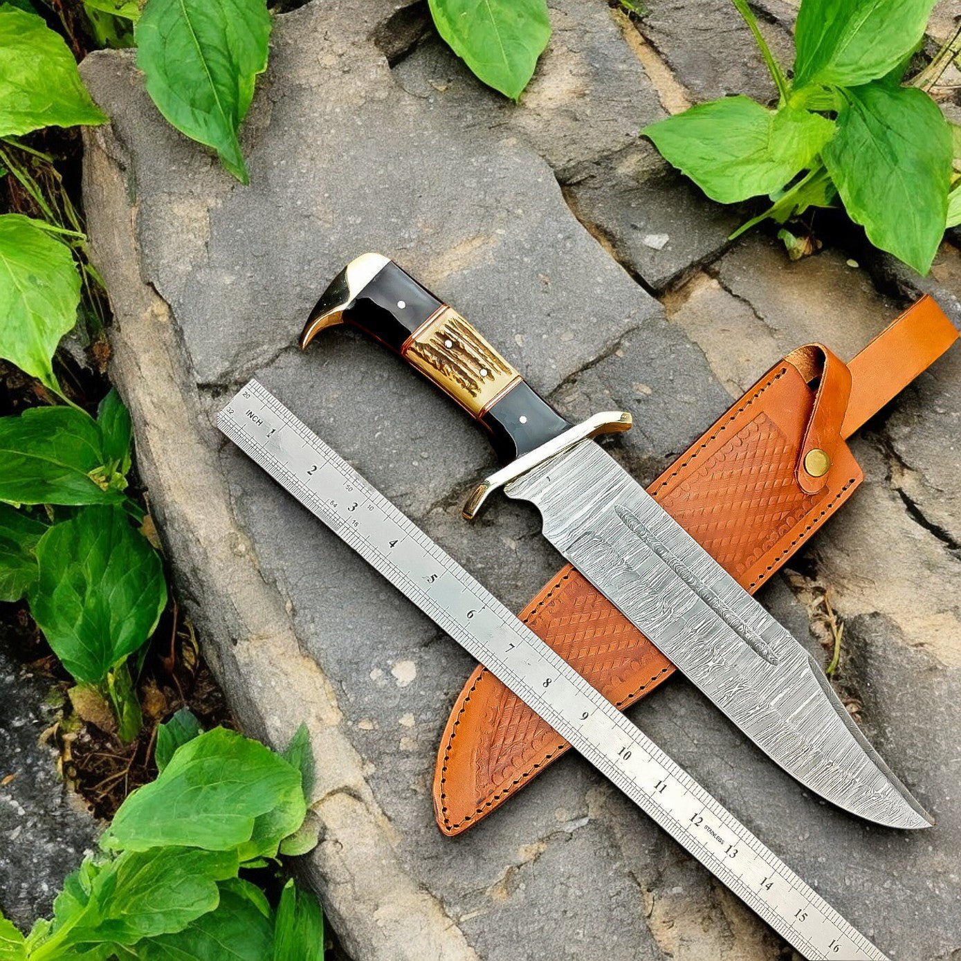 Damascus Knife Store Handmade Damascus Bowie Knife – 15" with Wenge & Antler - Angler's Pro Tackle & Outdoors