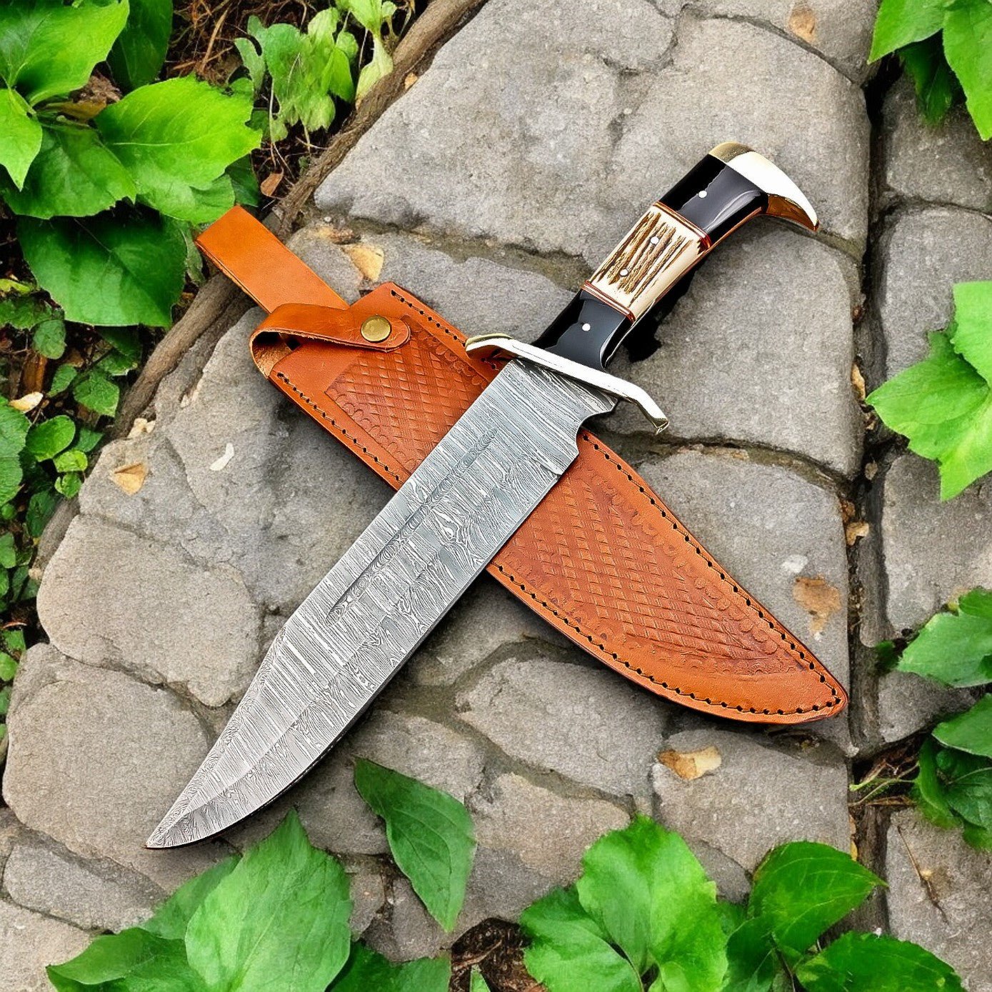 Damascus Knife Store Handmade Damascus Bowie Knife – 15" with Wenge & Antler - Angler's Pro Tackle & Outdoors