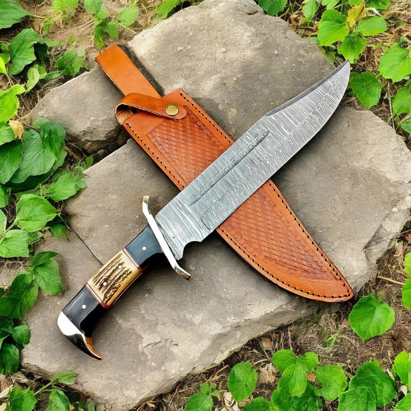 Damascus Knife Store Handmade Damascus Bowie Knife – 15" with Wenge & Antler - Angler's Pro Tackle & Outdoors
