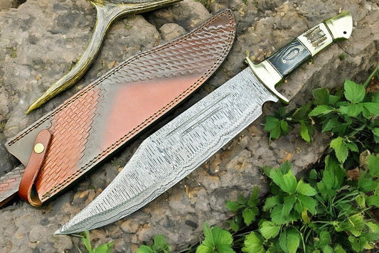 Damascus Knife Store Handmade Damascus Bowie Knife | 16" Antler Horn Handle - Angler's Pro Tackle & Outdoors