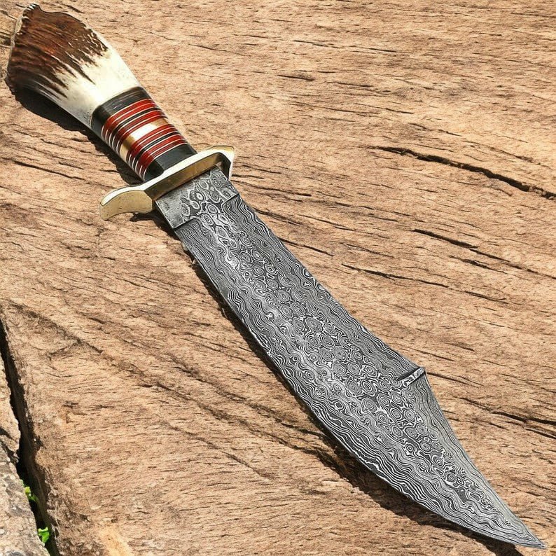 Damascus Knife Store Handmade Damascus Bowie Knife – 16" with Stag Bone Handle - Angler's Pro Tackle & Outdoors