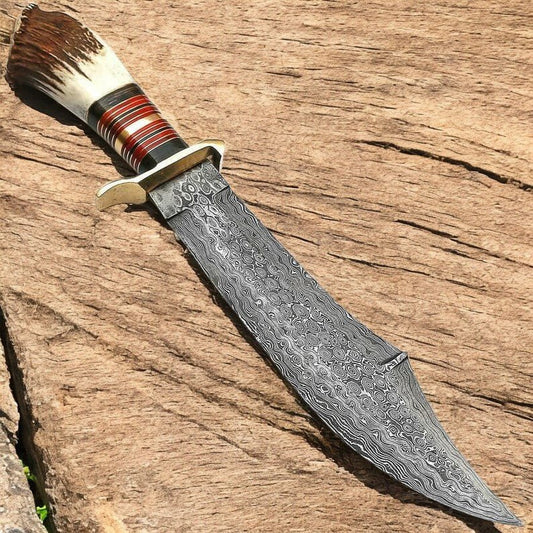 Damascus Knife Store Handmade Damascus Bowie Knife – 16" with Stag Bone Handle - Angler's Pro Tackle & Outdoors