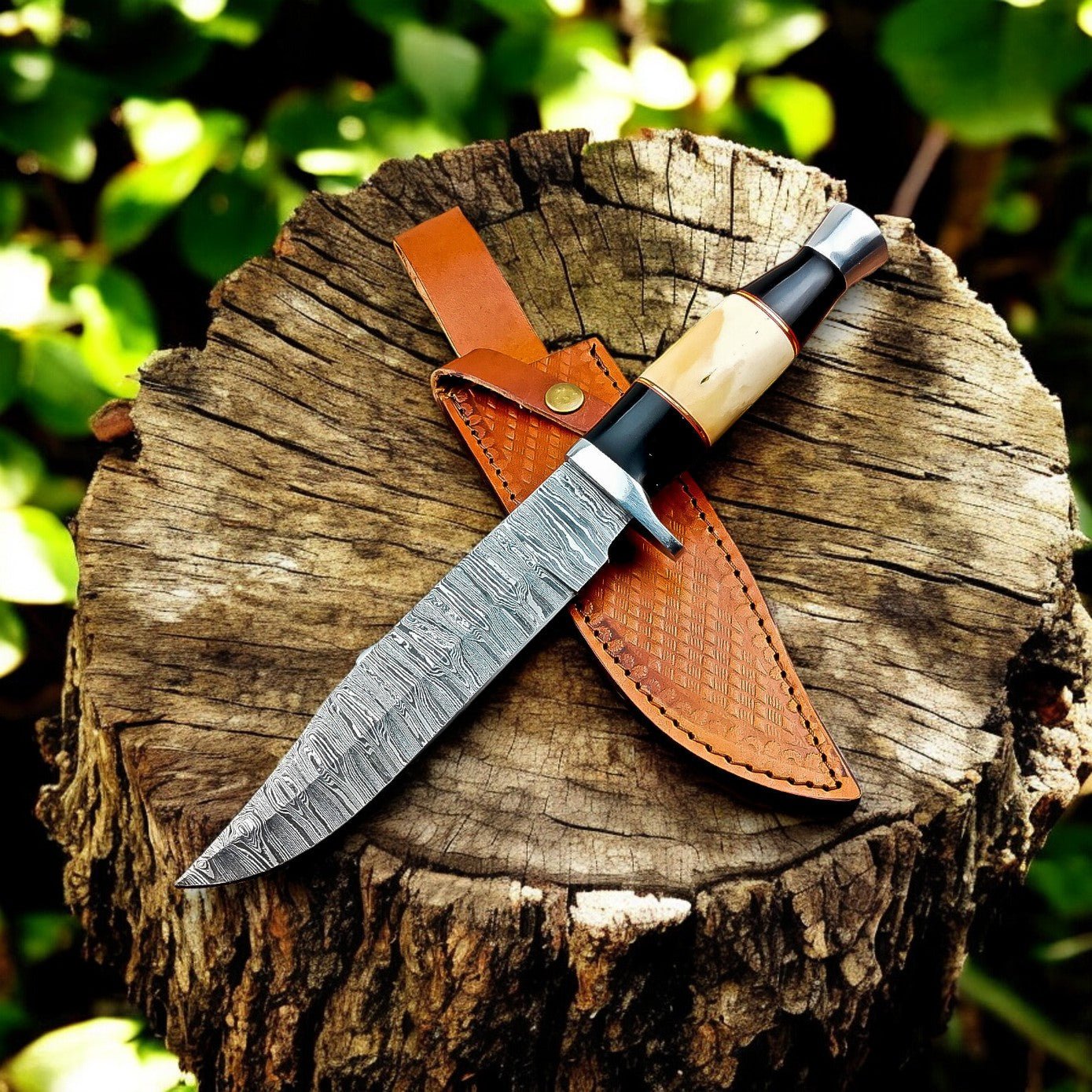 Damascus Knife Store Handmade Damascus Bowie Knife – Bone & Buffalo Horn Handle - Angler's Pro Tackle & Outdoors