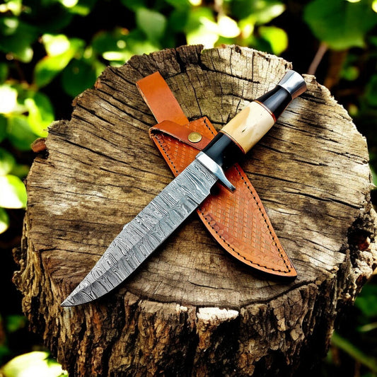 Damascus Knife Store Handmade Damascus Bowie Knife – Bone & Buffalo Horn Handle - Angler's Pro Tackle & Outdoors