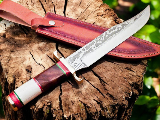 Damascus Knife Store Handmade Damascus Bowie Knife – Bone & Rosewood Handle - Angler's Pro Tackle & Outdoors