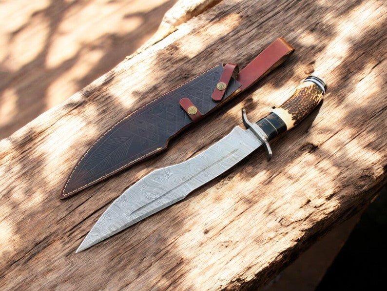 Damascus Knife Store Handmade Damascus Bowie Knife with Antler Horn Handle - Angler's Pro Tackle & Outdoors
