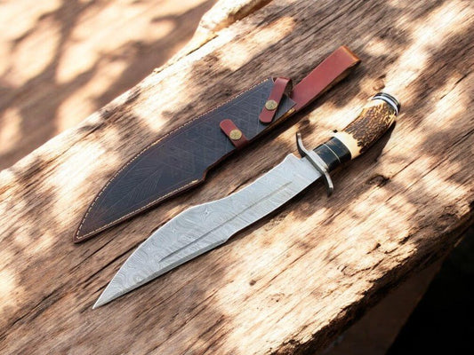Damascus Knife Store Handmade Damascus Bowie Knife with Antler Horn Handle - Angler's Pro Tackle & Outdoors