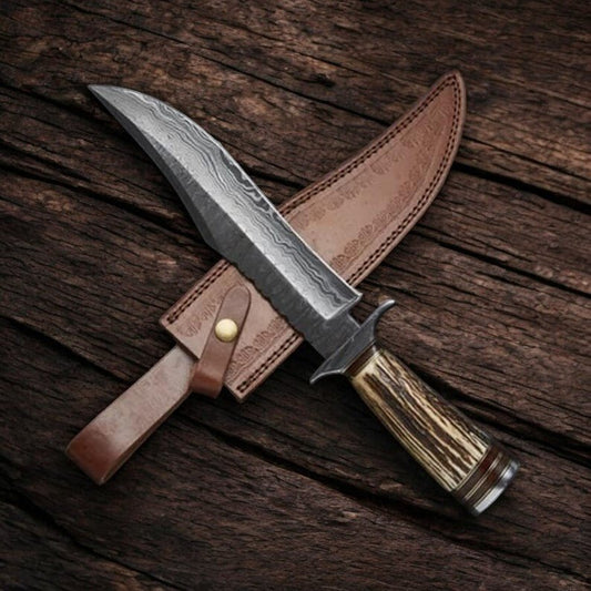 Damascus Knife Store Handmade Damascus Bowie Knife with Antler Horn Handle - Angler's Pro Tackle & Outdoors