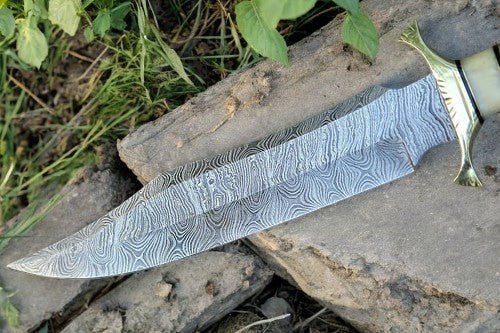 Damascus Knife Store Handmade Damascus Bowie Knife with Bone Handle – 15” - Angler's Pro Tackle & Outdoors