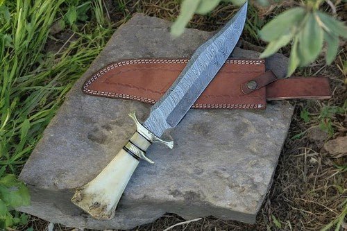 Damascus Knife Store Handmade Damascus Bowie Knife with Bone Handle – 15” - Angler's Pro Tackle & Outdoors