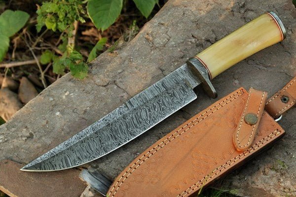 Damascus Knife Store Handmade Damascus Bowie Knife with Bone Handle – 15" - Angler's Pro Tackle & Outdoors