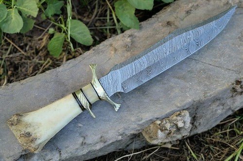 Damascus Knife Store Handmade Damascus Bowie Knife with Bone Handle – 15” - Angler's Pro Tackle & Outdoors