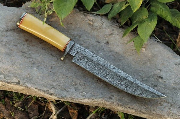 Damascus Knife Store Handmade Damascus Bowie Knife with Bone Handle – 15" - Angler's Pro Tackle & Outdoors