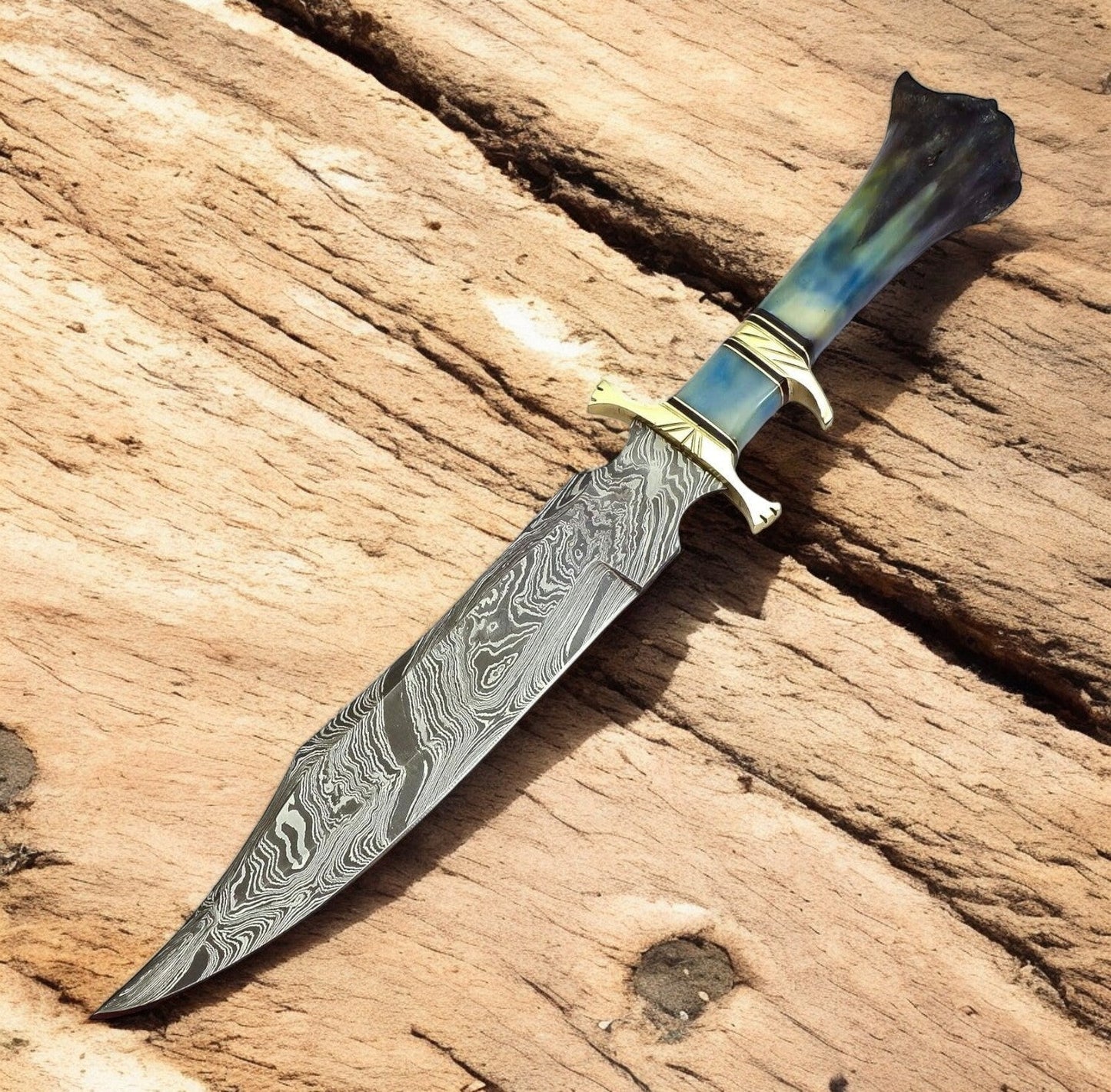 Damascus Knife Store Handmade Damascus Bowie Knife with Colored Bone Handle - Angler's Pro Tackle & Outdoors