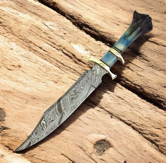 Damascus Knife Store Handmade Damascus Bowie Knife with Colored Bone Handle - Angler's Pro Tackle & Outdoors