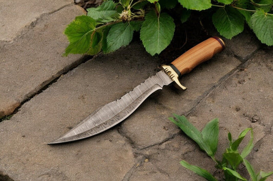 Damascus Knife Store Handmade Damascus Bowie Knife with Olive Wood Handle - Angler's Pro Tackle & Outdoors