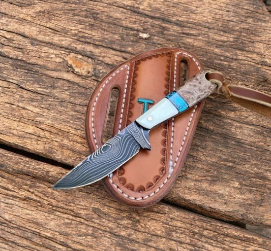 Damascus Knife Store Handmade Damascus Cowboy Knife – Walnut & Turquoise - Angler's Pro Tackle & Outdoors