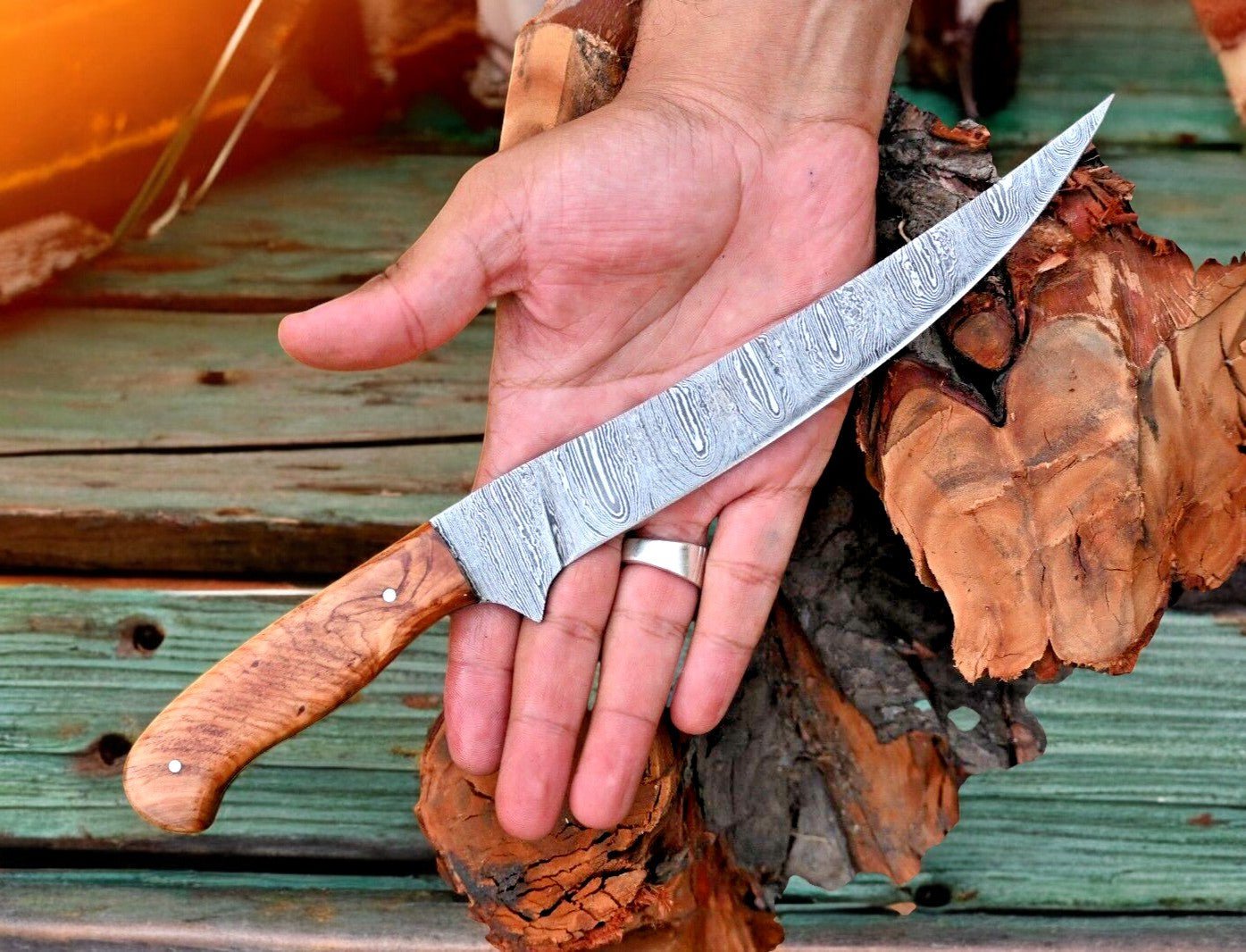 Damascus Knife Store Handmade Damascus Fillet Knife – 12.6" Olivewood Handle - Angler's Pro Tackle & Outdoors