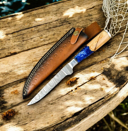 Damascus Knife Store Handmade Damascus Fillet Knife – Epoxy Olive Wood Handle - Angler's Pro Tackle & Outdoors