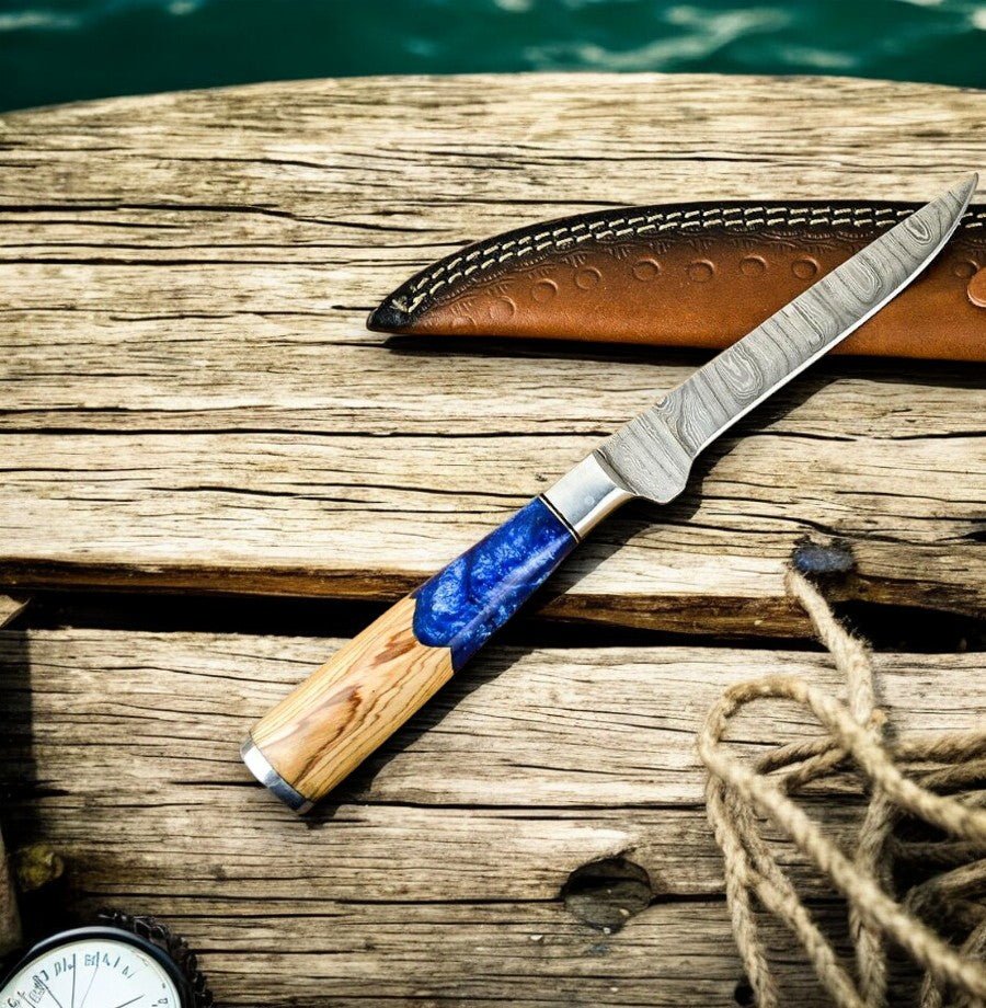 Damascus Knife Store Handmade Damascus Fillet Knife – Epoxy Olive Wood Handle - Angler's Pro Tackle & Outdoors