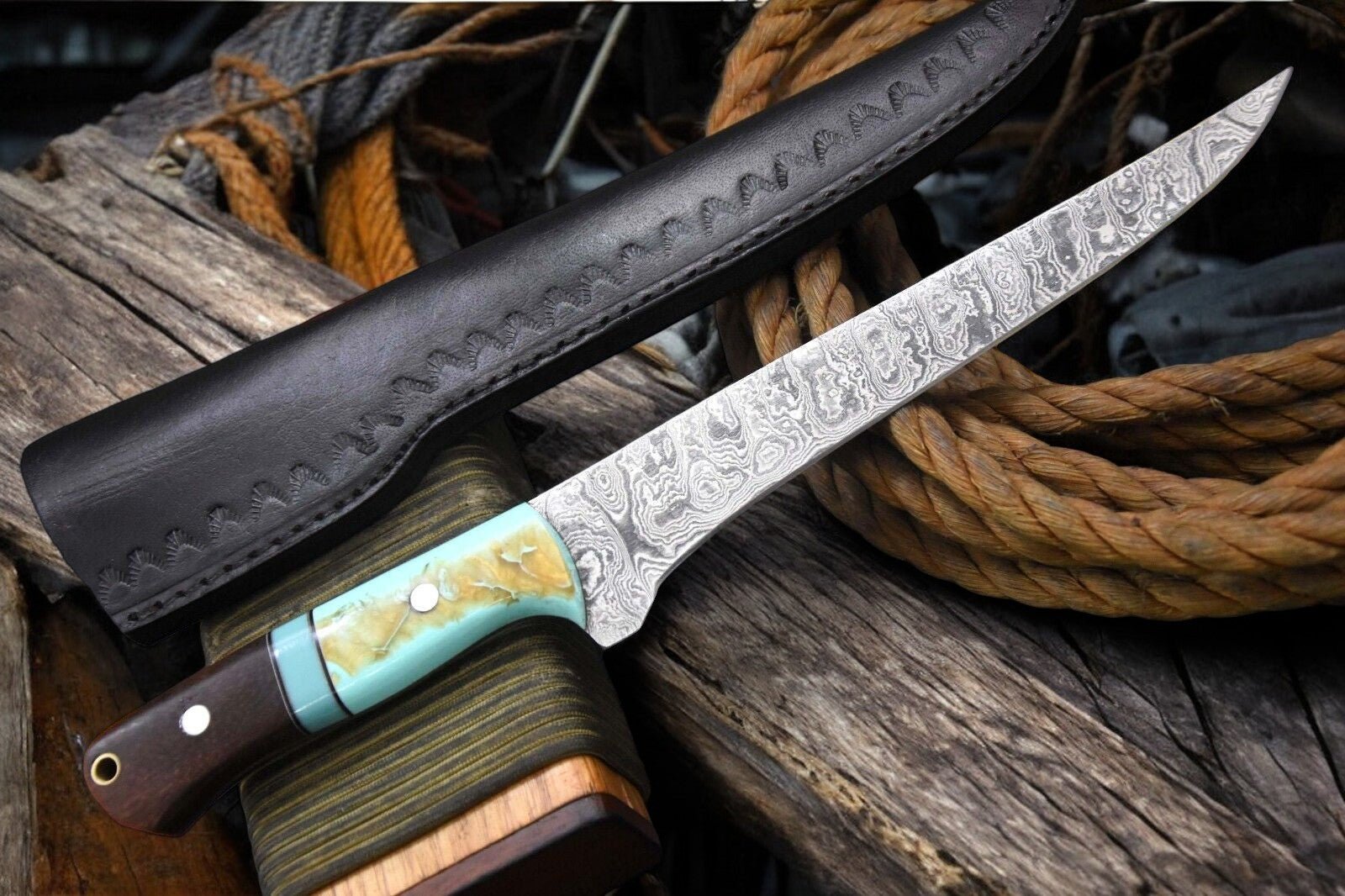 Damascus Knife Store Handmade Damascus Fillet Knife – Rosewood & Resin Handle - Angler's Pro Tackle & Outdoors