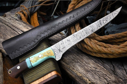 Damascus Knife Store Handmade Damascus Fillet Knife – Rosewood & Resin Handle - Angler's Pro Tackle & Outdoors