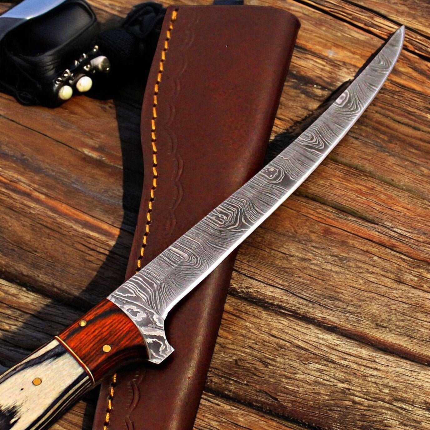 Damascus Knife Store Handmade Damascus Fillet Knife with Antler Horn Handle - Angler's Pro Tackle & Outdoors