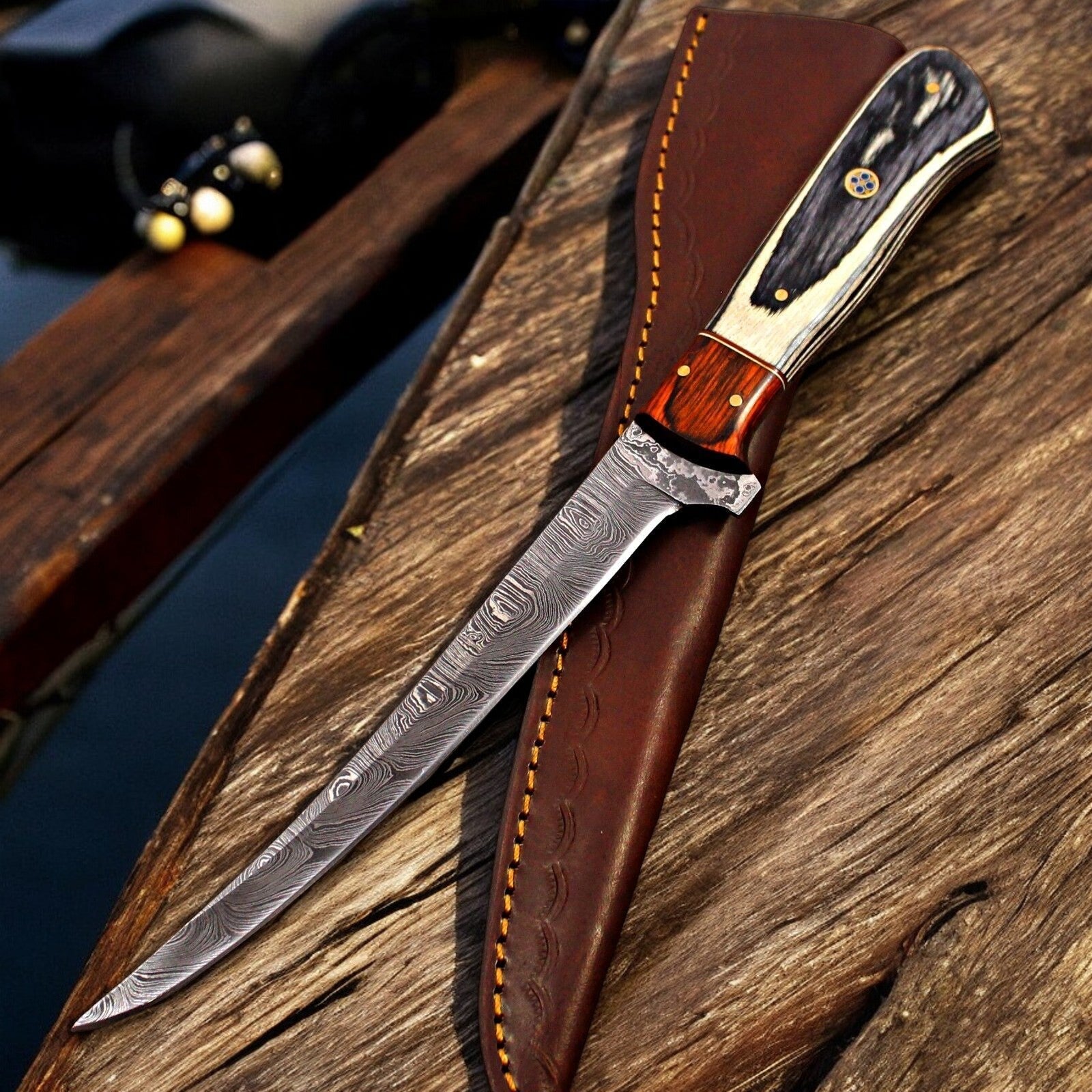 Damascus Knife Store Handmade Damascus Fillet Knife with Antler Horn Handle - Angler's Pro Tackle & Outdoors